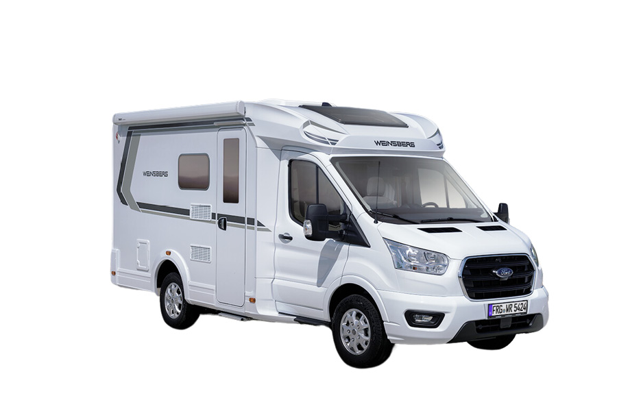 Weinsberg CaraLoft Ford 2024 autocamper. Ford Transit-basismodel med hvid og grå farveskema. Moderne og strømlinet design med rummeligt interiør og komfortabel indretning, ideel til camping og rejser.