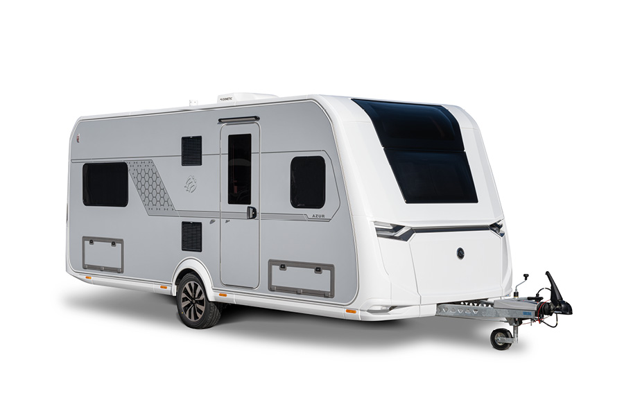 Knaus Azur 2024 campingvogn med moderne og strømlinet design, grå og hvid farvekombination, og innovative funktioner til komfortabel camping.